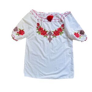 Boho Short Sleeve Peasant Blouse Red Rose Neddle Point Floral Embroidery SZ S